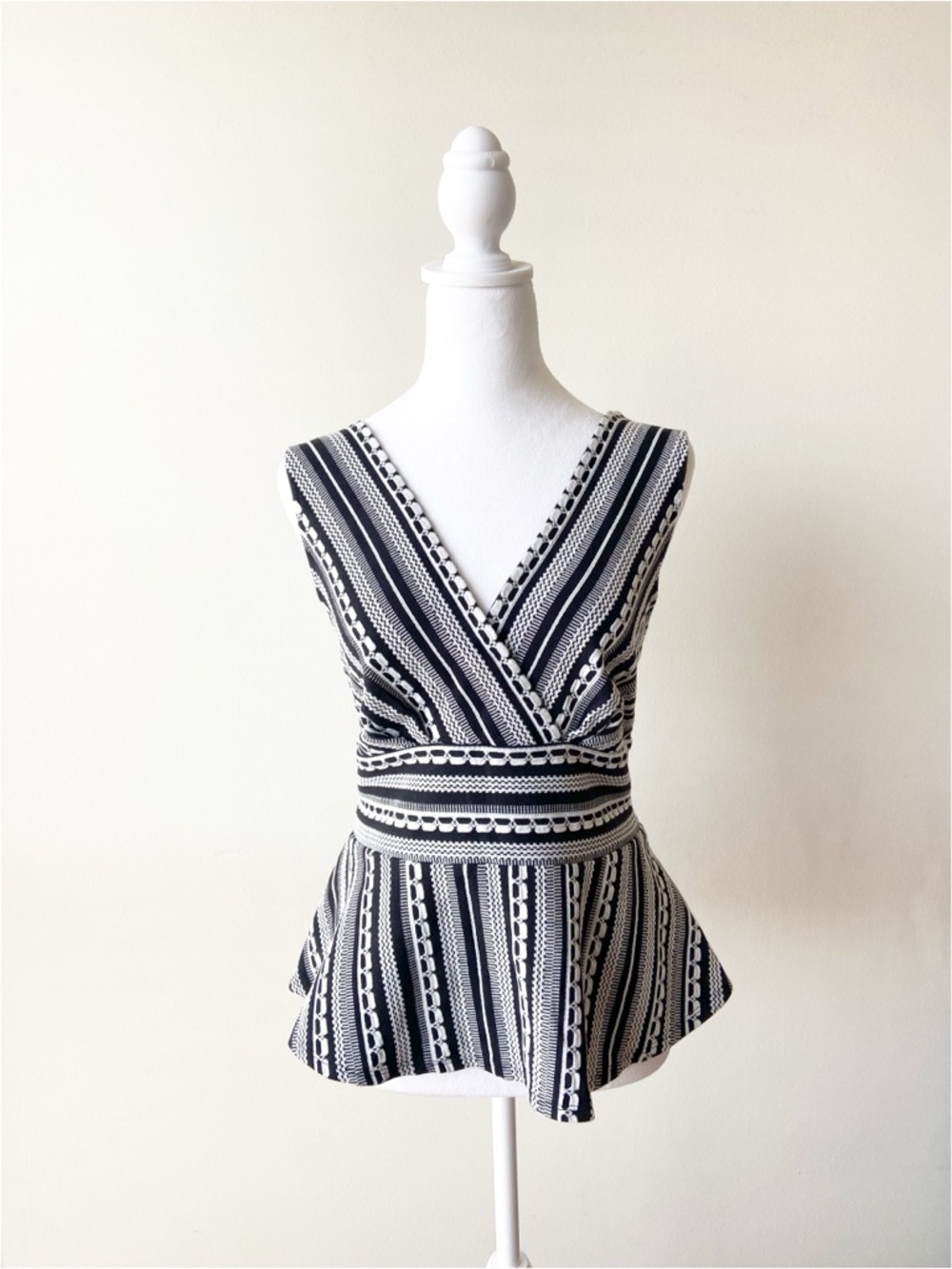 Anthropologie Black & White Striped V-Neck Peplum Top Size M